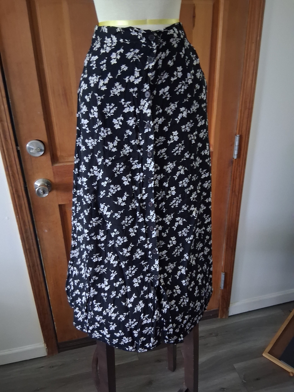 Expressions Black & White Floral Midi Skirt with Front Buttons
